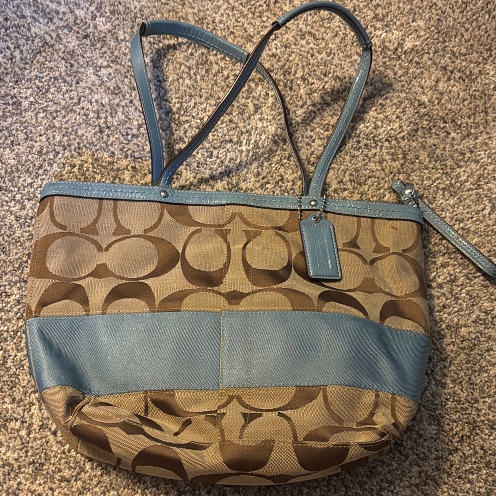 Coach Tan and Blue Signature Tote Bag